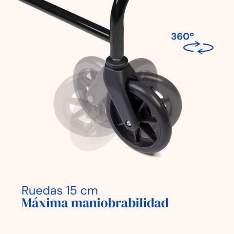 Déambulateur Lambda | Quatre roues, siège et dossier, déambulateur pour personnes âgées (Noir)