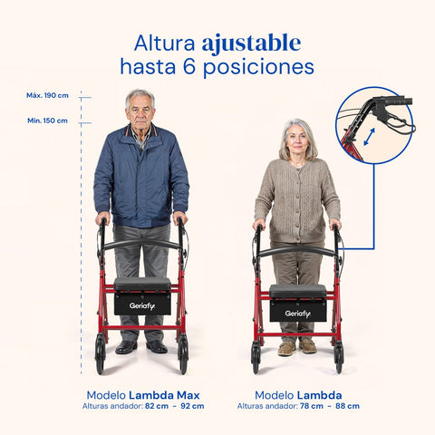 Déambulateur Lambda Max | Rollator, 4 roues XL, siège et dossier (Rouge)