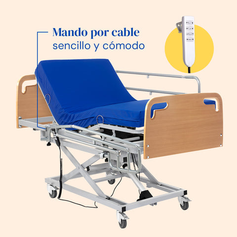 Lit médicalisé élévateur réglable en hauteur avec barrière, matelas sanitaire et tête de lit et pied de lit