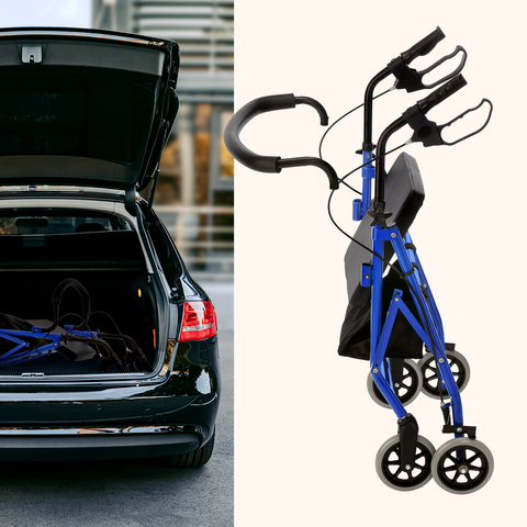 Déambulateur pour personnes âgées | 4 roues | Freins sur le guidon | Pliable | Bleu