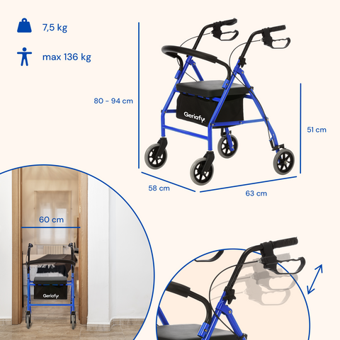 Déambulateur pour personnes âgées | 4 roues | Freins sur le guidon | Pliable | Bleu