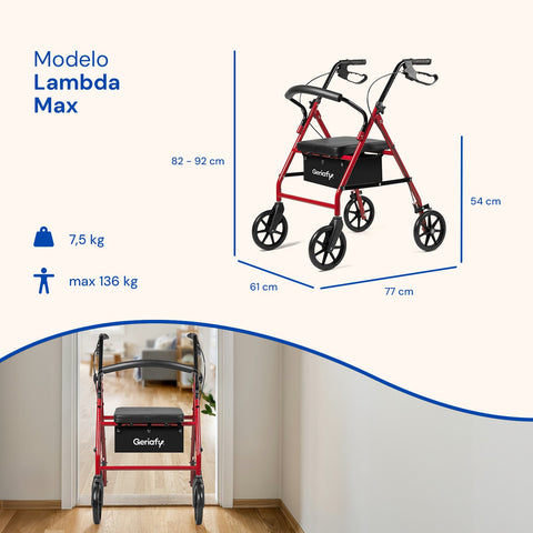 Déambulateur Lambda Max | Rollator, 4 roues XL, siège et dossier (Rouge)