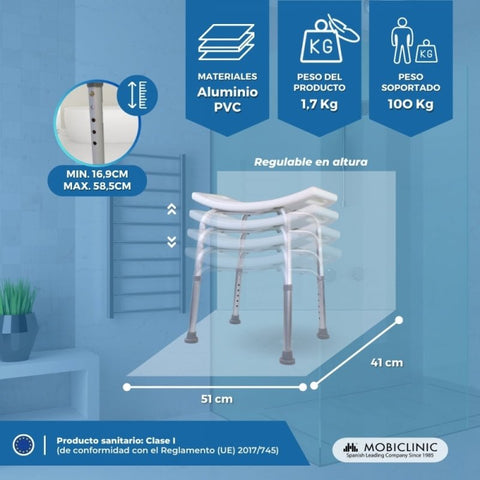 Chaise de douche | Aluminium | Réglable en hauteur | Embouts antidérapants | San Fermín