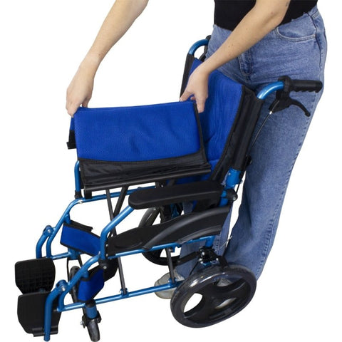 Fauteuil roulant pliant en aluminium avec freins sur les poignées, couleur bleue