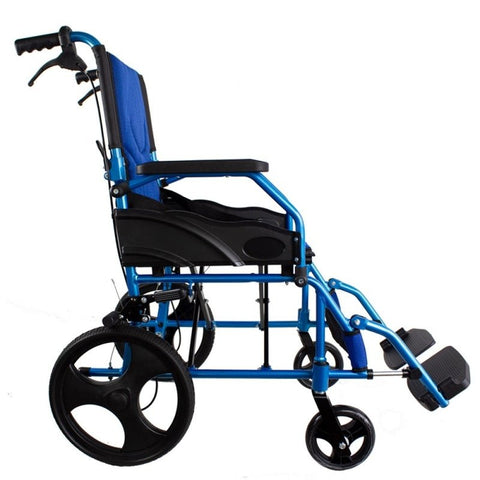 Fauteuil roulant pliant en aluminium avec freins sur les poignées, couleur bleue
