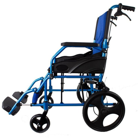 Fauteuil roulant pliant en aluminium avec freins sur les poignées, couleur bleue