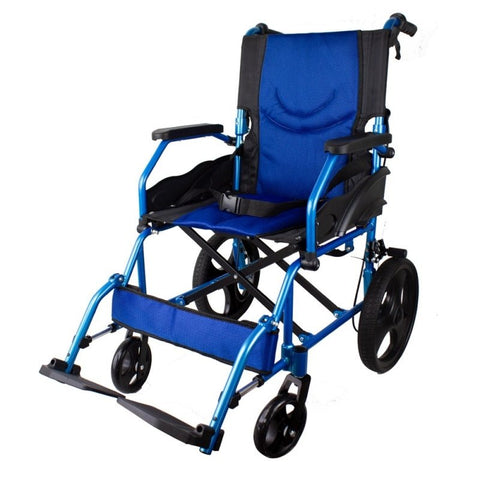Fauteuil roulant pliant en aluminium avec freins sur les poignées, couleur bleue