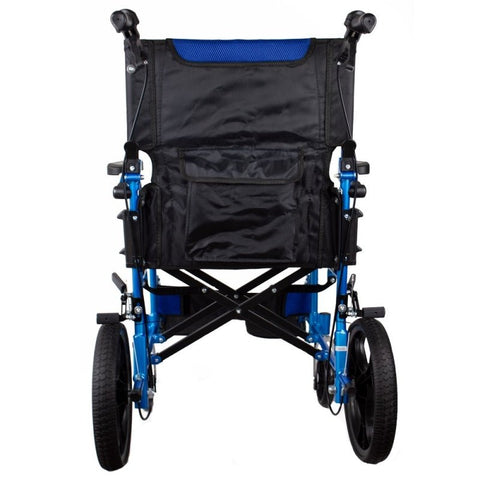 Fauteuil roulant pliant en aluminium avec freins sur les poignées, couleur bleue