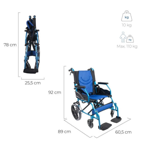 Fauteuil roulant pliant en aluminium avec freins sur les poignées, couleur bleue