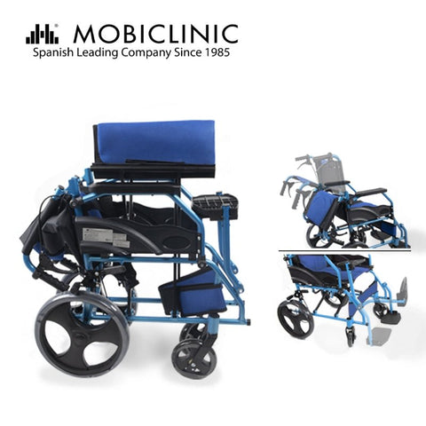 Fauteuil roulant pliant en aluminium avec freins sur les poignées, couleur bleue