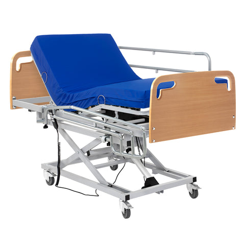 Lit médicalisé élévateur réglable en hauteur avec barrière, matelas sanitaire et tête de lit et pied de lit